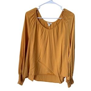 ANA A New Approach Mustard Yellow Herringbone Textured Smocked Cuff Blouse Large